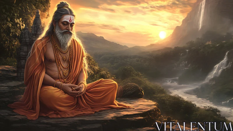 Sunset sage in saffron robes cradling mountain silence.