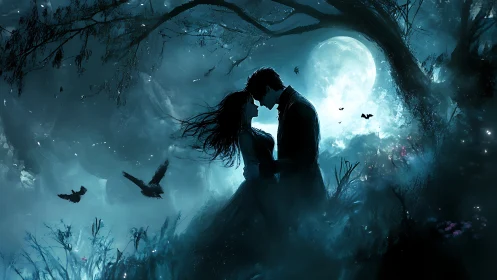 Moonlit Embrace Beneath Ancient Trees.