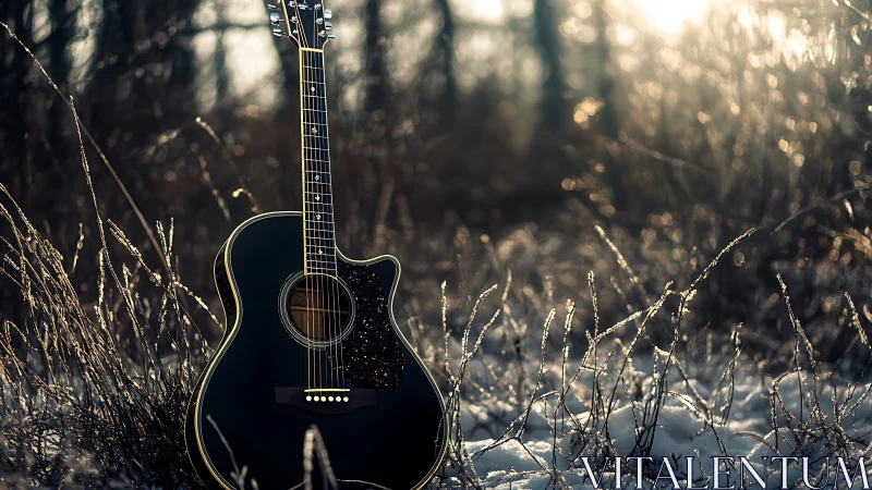 Black acoustic guitar stands in snowy field at sunset light
