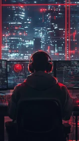 Solitary hacker monitors neon skyline through multi-screen rig