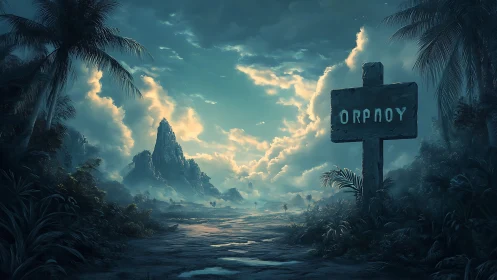 Orphoy Sign in Mystical Jungle Landscape with Mountain.