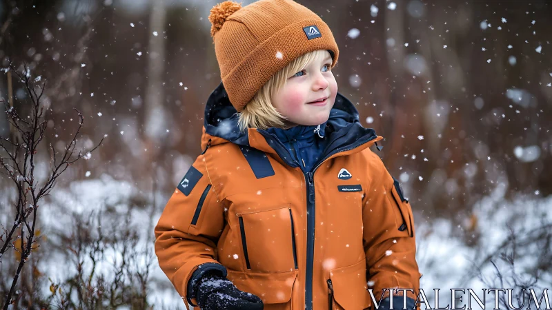 Young Child Winter Portrait: Camel Beanie, Orange Technical Jacket.