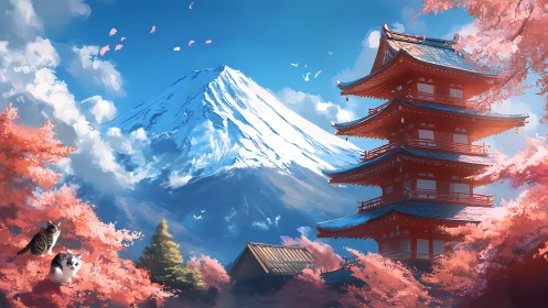 Pagoda, sakura canopy and snow-capped stratovolcano vista.