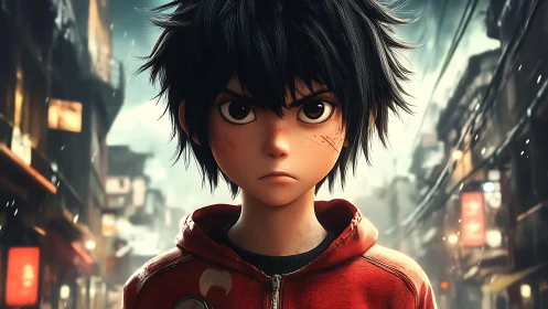 Storm-eyed street kid steels himself in neon alley chill