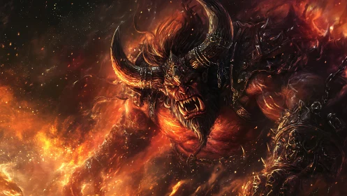 Infernal horned warlord emerging from molten firestorm.