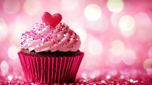 Pink frosted chocolate cupcake with heart-topped sparkle garnish.