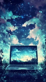 Dreamlike laptop portal under luminous cosmic sky.