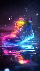 Neon holographic sneaker with luminous sole in wet bokeh scene