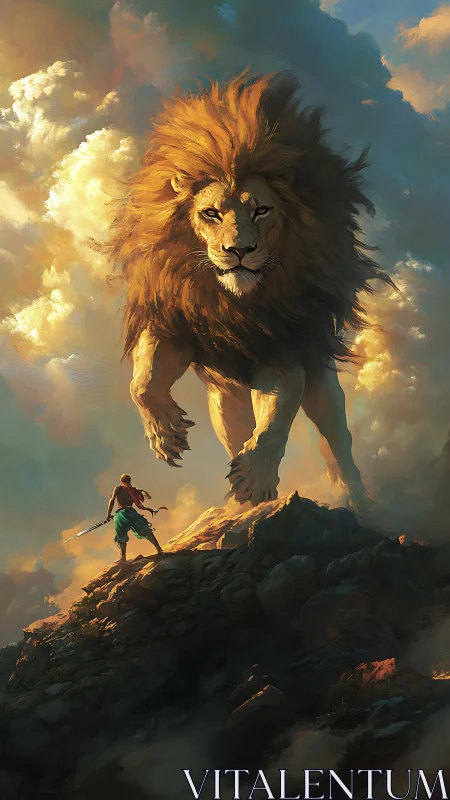 Giant lion confronts lone warrior on sunlit mountain ridge