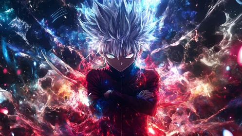 Silver storm youth carves neon rift through cosmic night