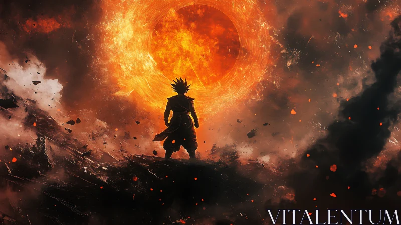 Backlit warrior silhouette before incandescent energy sunscape.