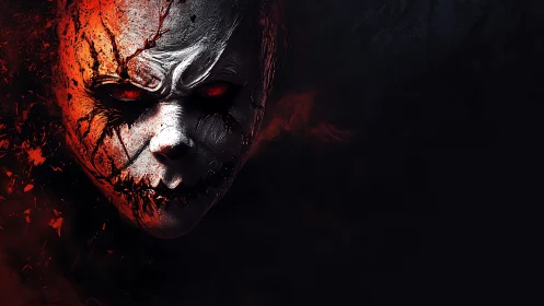 Cracked demonic mask portrait with infernal red lighting