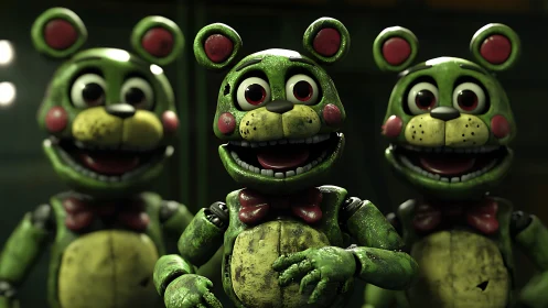 Triad of worn animatronic bears under dramatic studio lighting