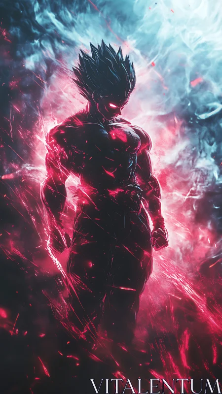 Silhouetted energy warrior stands in red and blue swirling light