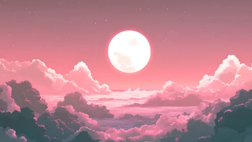 Full moon above layered clouds in pink sky at dusk.