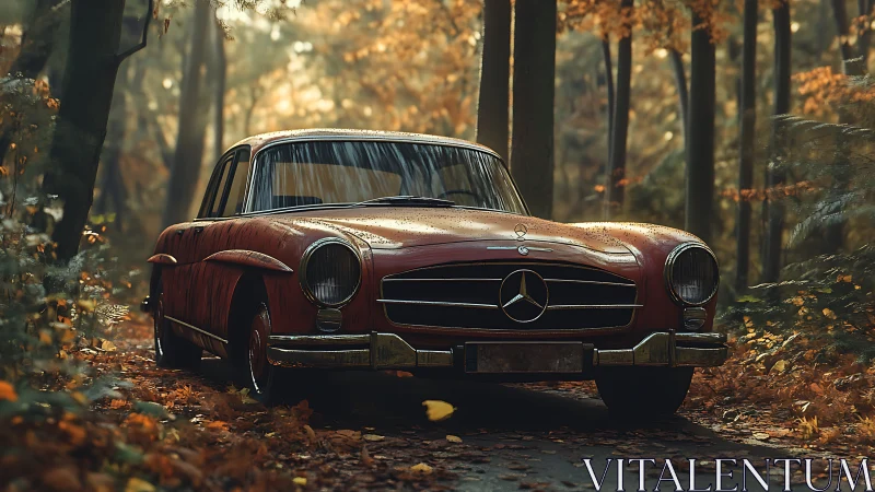Vintage red Mercedes rests quietly in a golden autumn forest