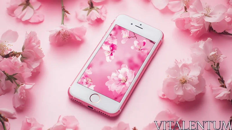 White smartphone displaying pink floral wallpaper among pink flowers.