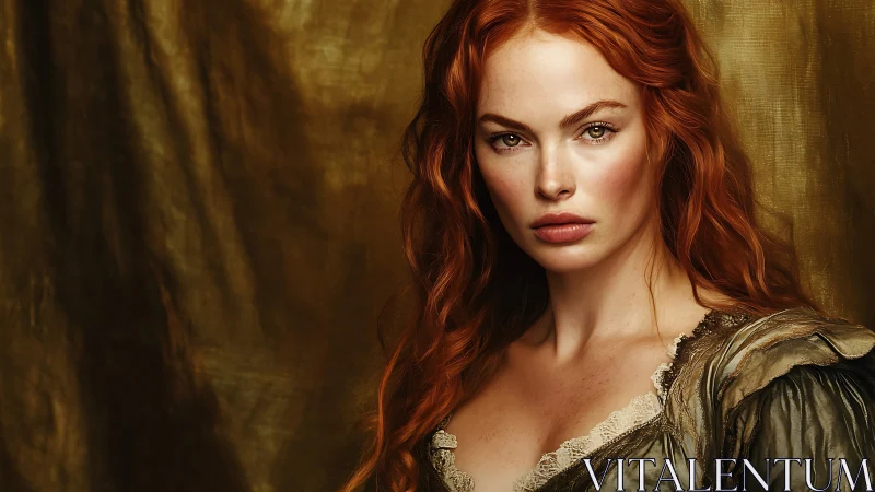 Red haired woman in period style dress against gold backdrop.