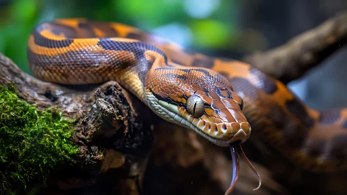Brown patterned snake on mossy branch in controlled habitat.
