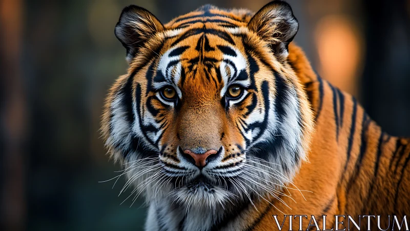 Close frontal view of tiger with distinct striped pattern.