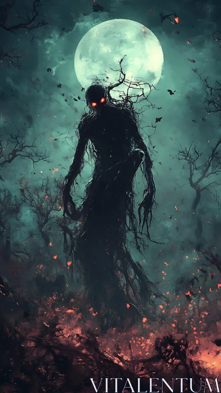 Moonlit shadow demon stalks a burning haunted forest