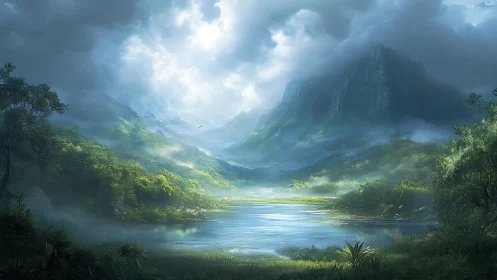 Volumetric mist softens sunlit mountains over reflective valley lake