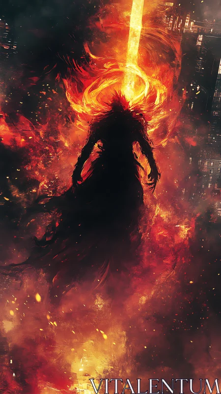 Flaming shadow figure beneath descending pillar of fire.