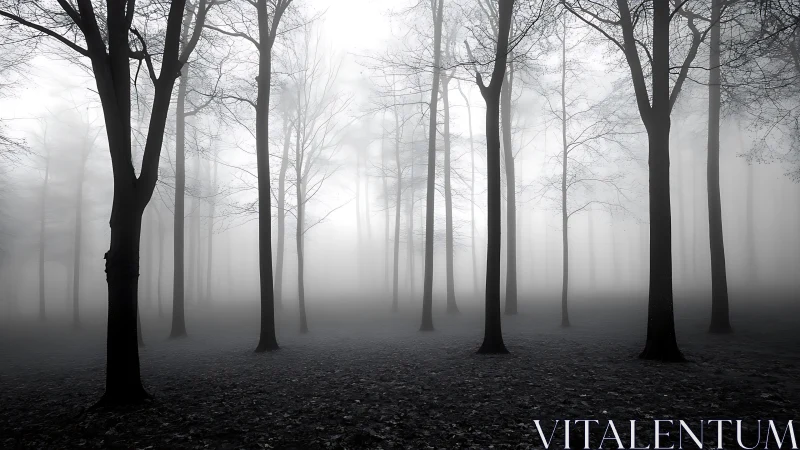 Bare winter trees rise through dense monochrome forest fog
