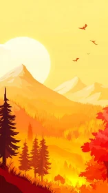 Sun-drenched autumn peaks blaze above glowing forest valley.