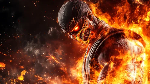 Inferno-masked warrior blazing through molten shadows.