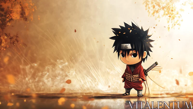 Little autumn ninja wandering through a glowing golden forest.