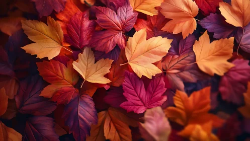 Colorful autumn maple leaves forming rich seasonal carpet.