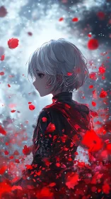 Side-profile anime figure stands amid dispersed red petals
