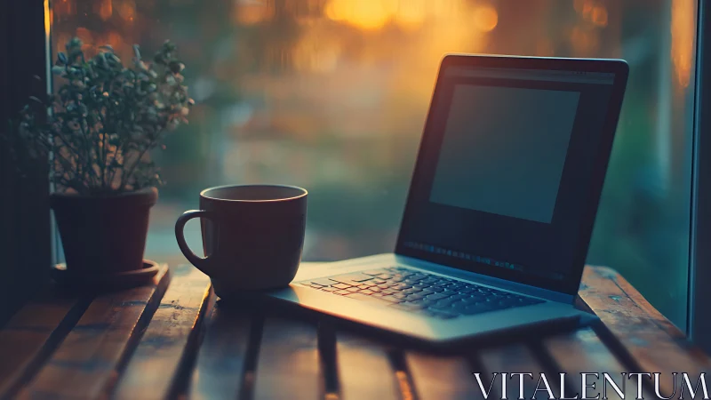 Sunlit laptop, coffee, and plant create a cozy work nook.
