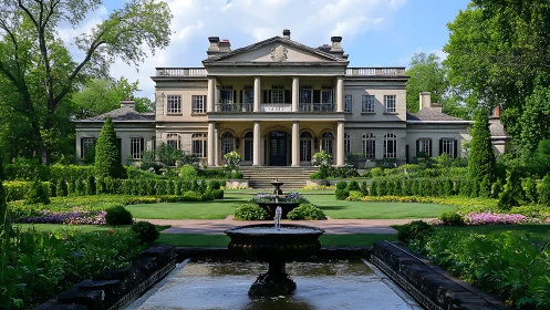 Neoclassical mansion facade with axial formal gardens and fountain