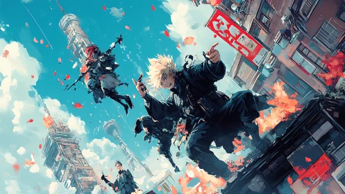 Urban sky combat squad leaps through burning cybercity