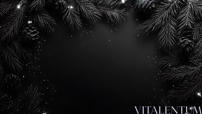 Black background framed by pine branches and pine cones.