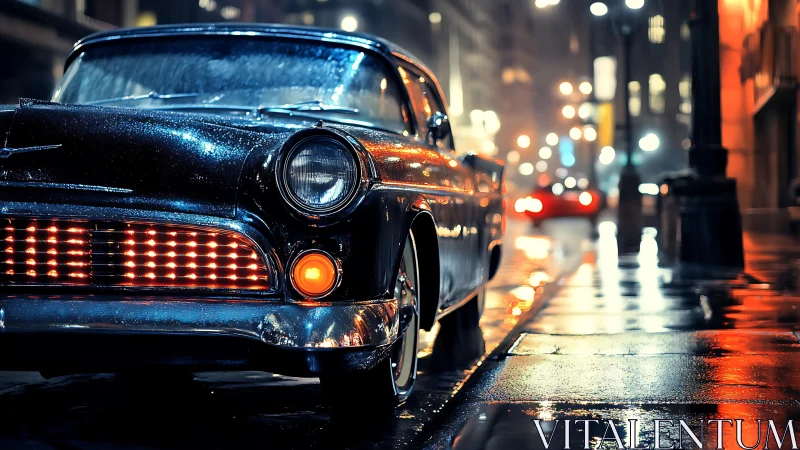 Vintage car is parked on a wet city street at night
