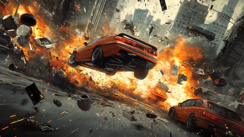 Exploding city street chase with airborne orange sports cars.