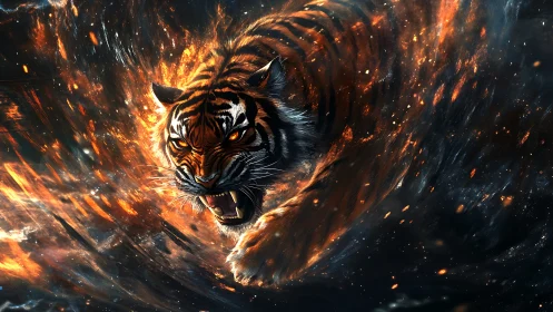 Tiger emerges through swirling embers in dynamic frontal view