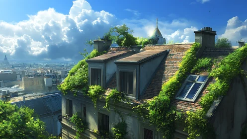 Sunlit Parisian rooftop garden with lush verdant overgrowth.
