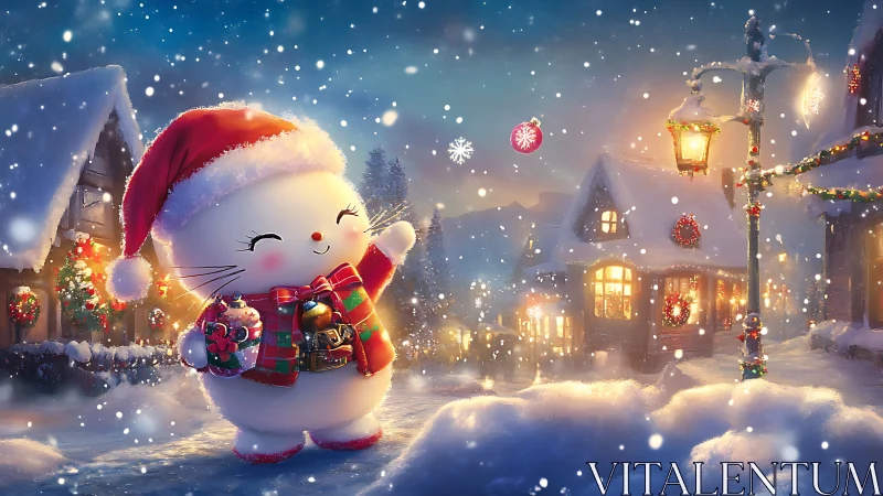 Cute snow kitten in festive Christmas village snow scene.
