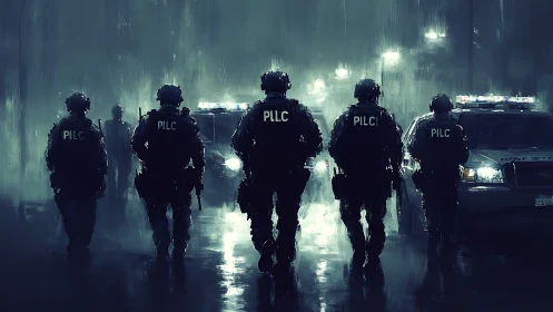 Tactical police squad advances through neon-lit rainy street.