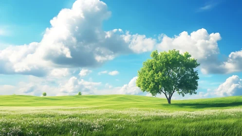 Isolated deciduous tree on windswept meadow under cumulus sky