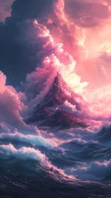 Storm-kissed peak adrift in cotton-candy celestial surf.