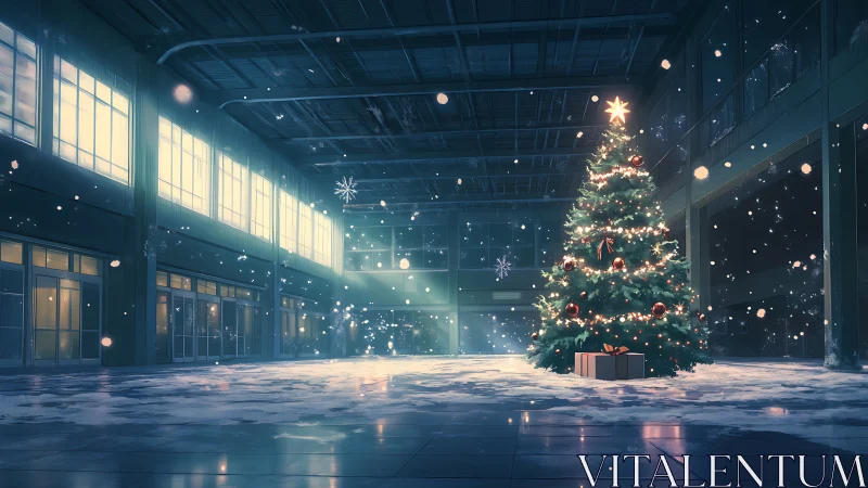 Christmas tree stands lit inside a large snowy atrium