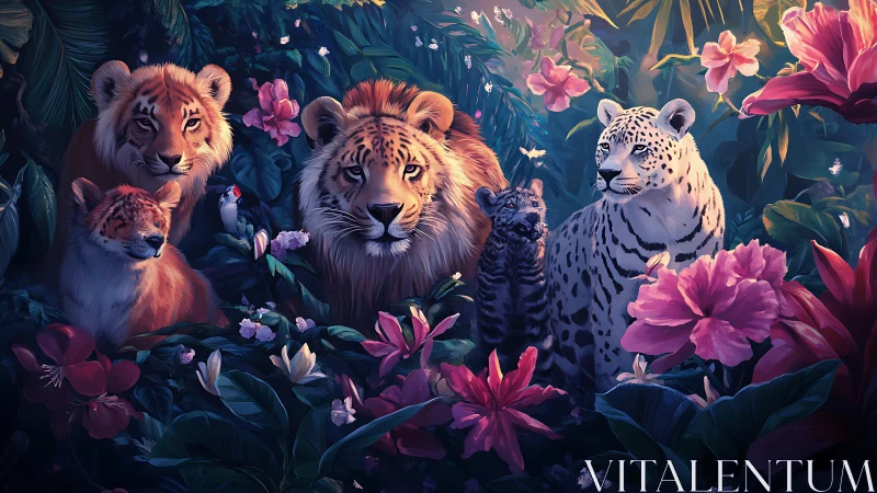 Big Cats Gather Among Vibrant Florals in Enchanted Jungle