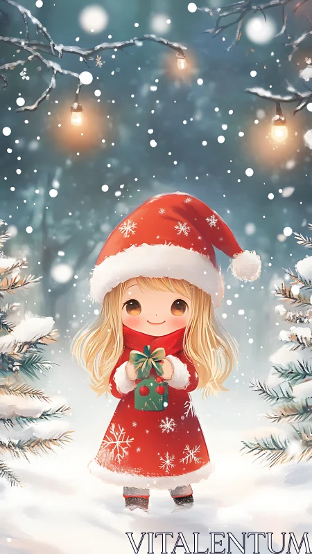 Chibi girl in red winter coat holding gift in snowy forest scene