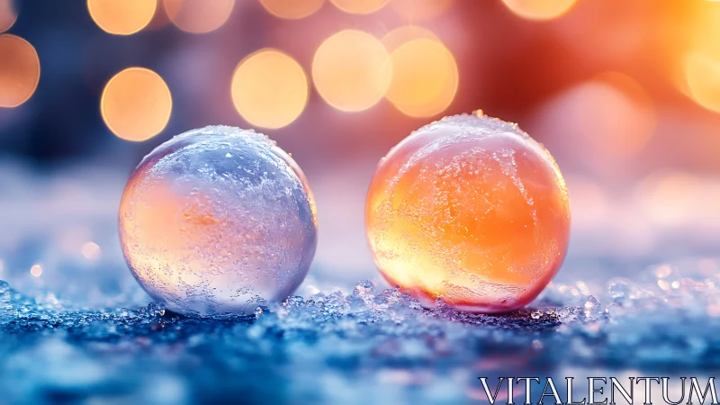 Two frozen translucent spheres rest on granular icy surface