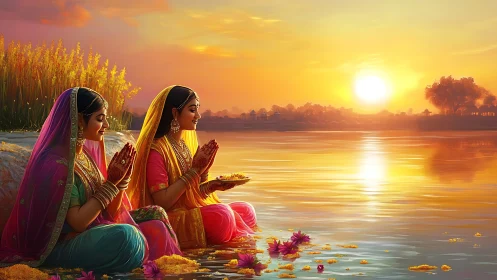 Riverbank prayer at sunset with vivid saris and flowers.